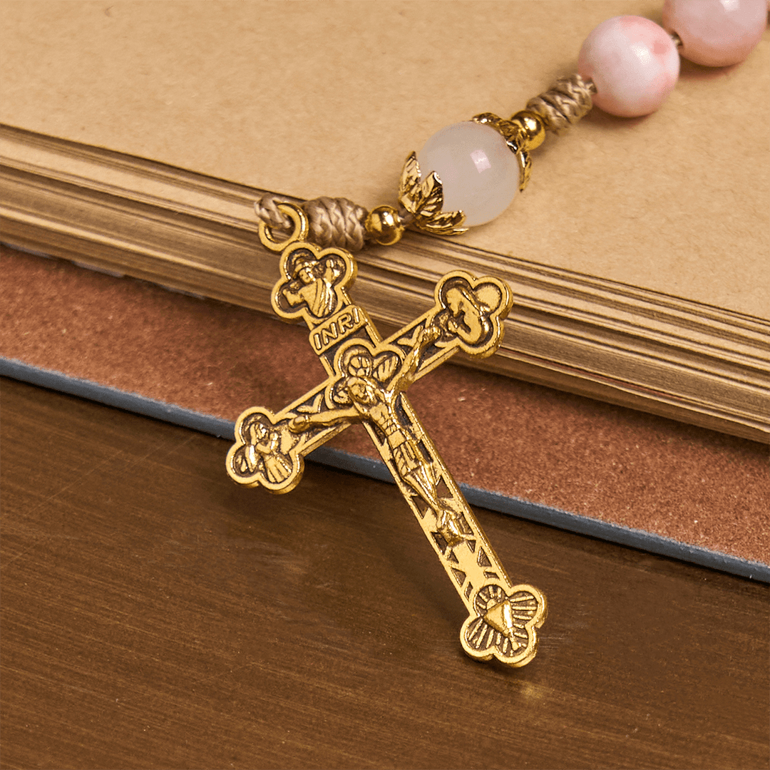 Christianartworkshop Handmade Pink Glossy Beads Rosary with Brass Crucifix and Our Lady Charm - image 7
