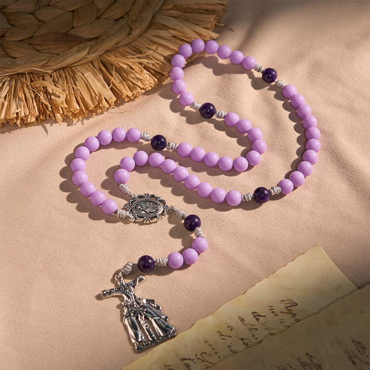 Christianartworkshop Lavender Matte Rosary Adorned with Crucifix Scene and Miraculous Medal