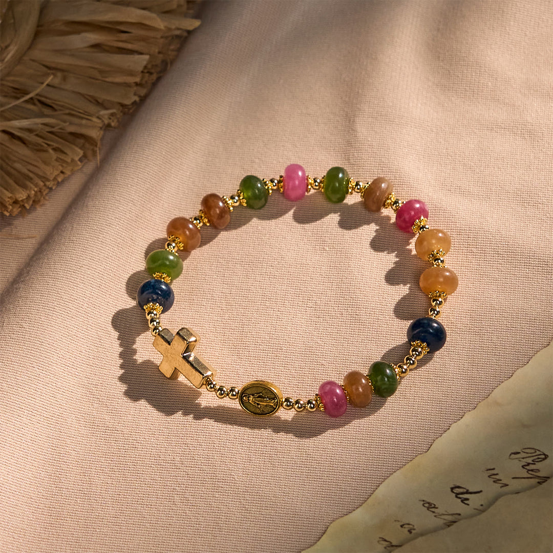 Christianartworkshop Tourmaline Abacus Beads Bracelet Featuring Cross and Miraculous Medal - Wrist Circumference: 5.91''-7.08''/15-18cm - image 0