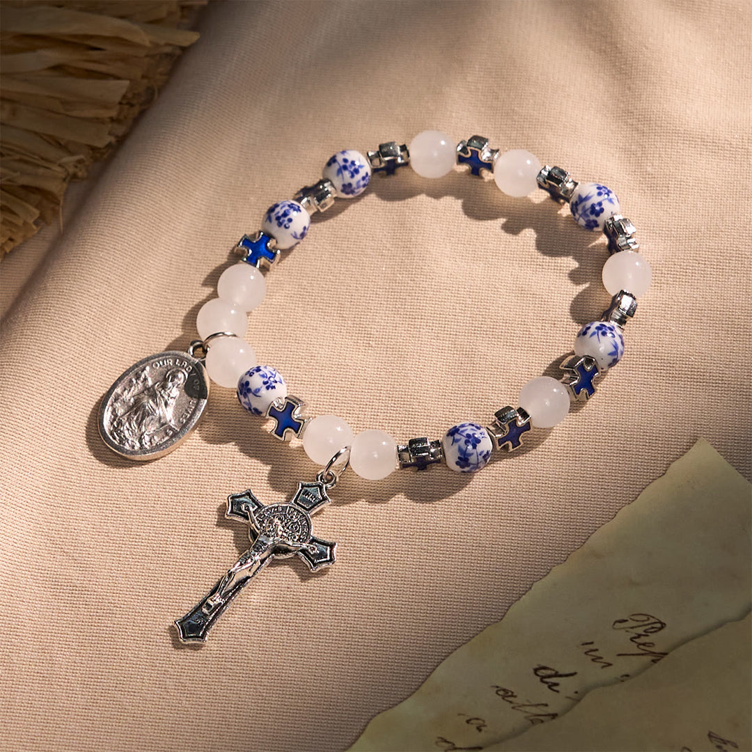 Christianartworkshop Elegant White and Blue Floral Bracelets Adorned by Miraculous Medal & Blue Cross - Blue Floral Beads - image 1