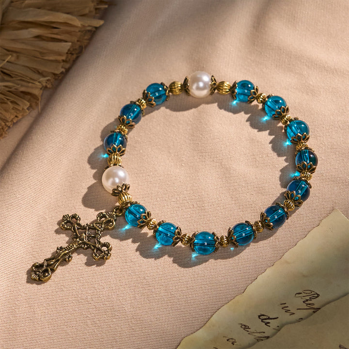 Christianartworkshop Spiritual Blue Gloss Bead Bracelets Featuring Sacred Brass Crucifix - Blue - image 0