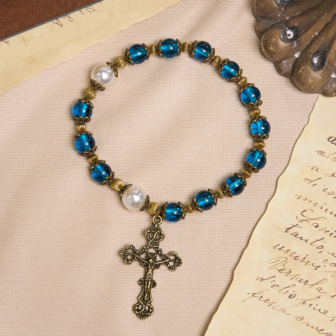 Christianartworkshop Spiritual Blue Gloss Bead Bracelets Featuring Sacred Brass Crucifix - image 3