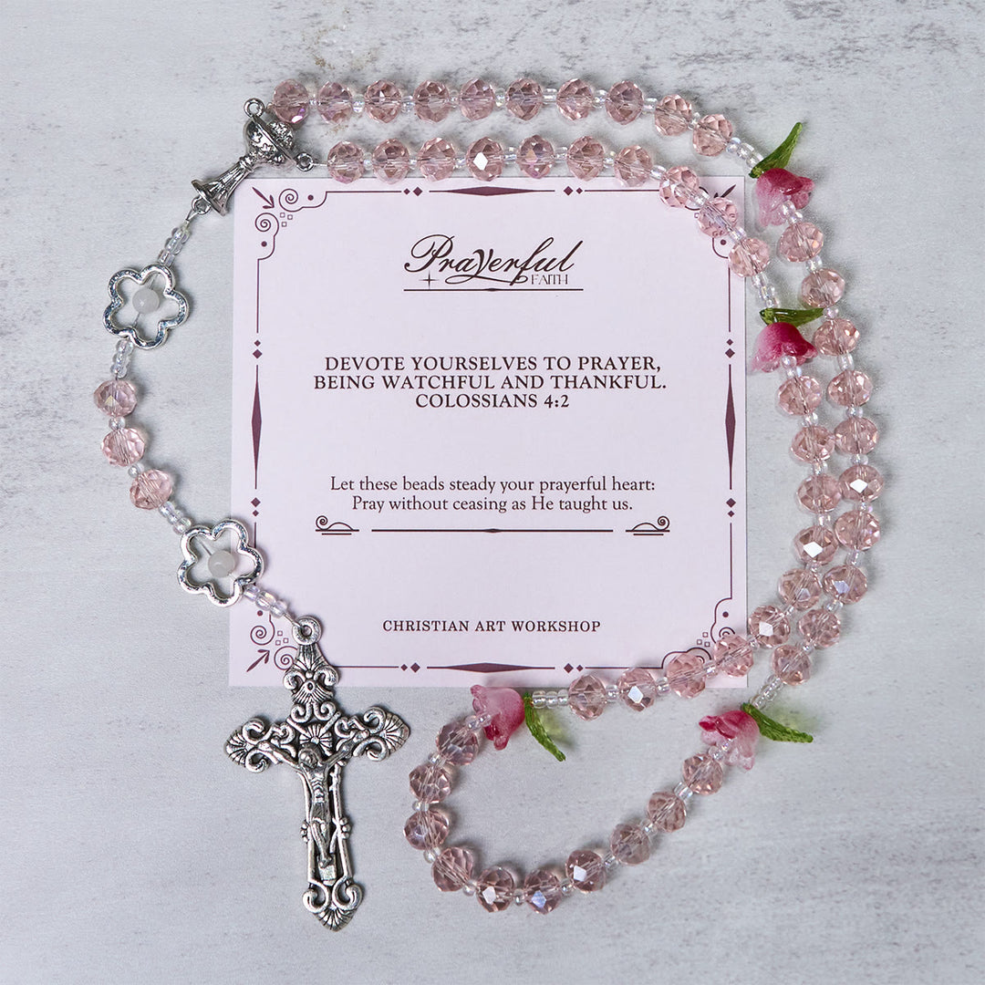 Christianartworkshop Jesus Is The Gift: Handmade Elegant Pink Crystal Rosary with 3D Rose Beads with Gift Card - PRAYERFUL FAITH - image 2