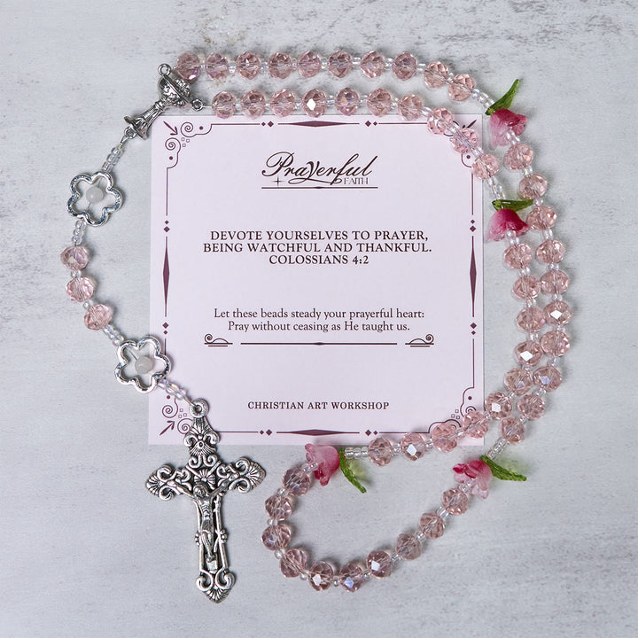 Christianartworkshop Jesus Is The Gift: Handmade Elegant Pink Crystal Rosary with 3D Rose Beads with Gift Card - PRAYERFUL FAITH - image 2