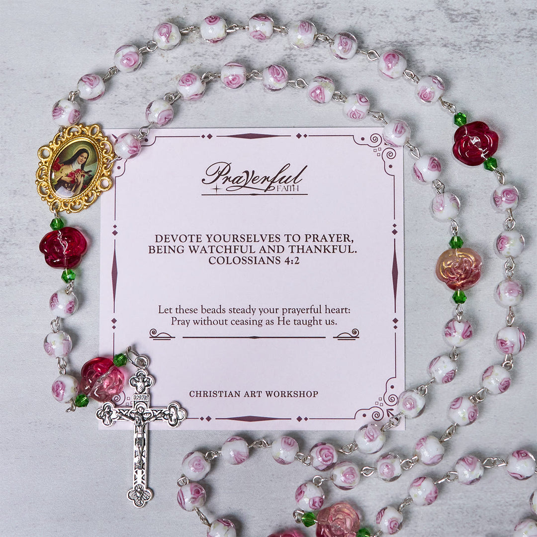Christianartworkshop PRAYERFUL FAITH: Handmade Rose & Ivory Floral Elegance Rosary with Gift Card - PRAYERFUL FAITH - image 2