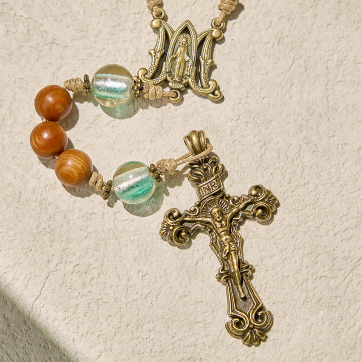 Christianartworkshop Thanksgiving Day: Classic Thuja Brown Wooden Rosary with Bright Green Beads & Our Lady - image 7