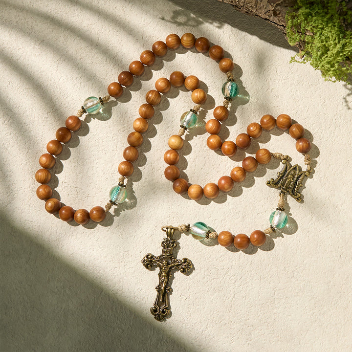 Christianartworkshop Thanksgiving Day: Classic Thuja Brown Wooden Rosary with Bright Green Beads & Our Lady - image 5
