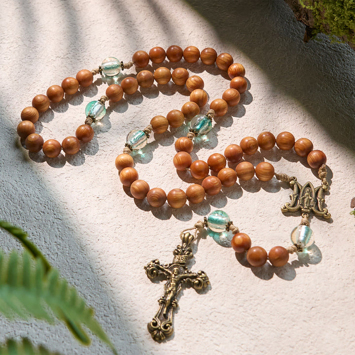 Christianartworkshop Thanksgiving Day: Classic Thuja Brown Wooden Rosary with Bright Green Beads & Our Lady - image 2