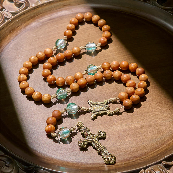 Christianartworkshop Thanksgiving Day: Classic Thuja Brown Wooden Rosary with Bright Green Beads & Our Lady - image 3