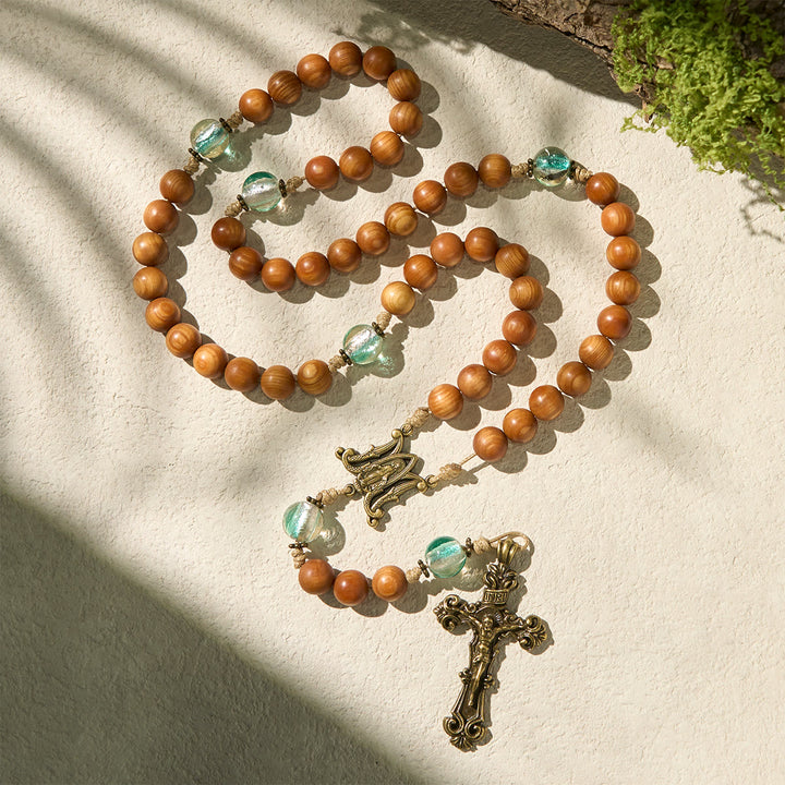 Christianartworkshop Thanksgiving Day: Classic Thuja Brown Wooden Rosary with Bright Green Beads & Our Lady - image 6