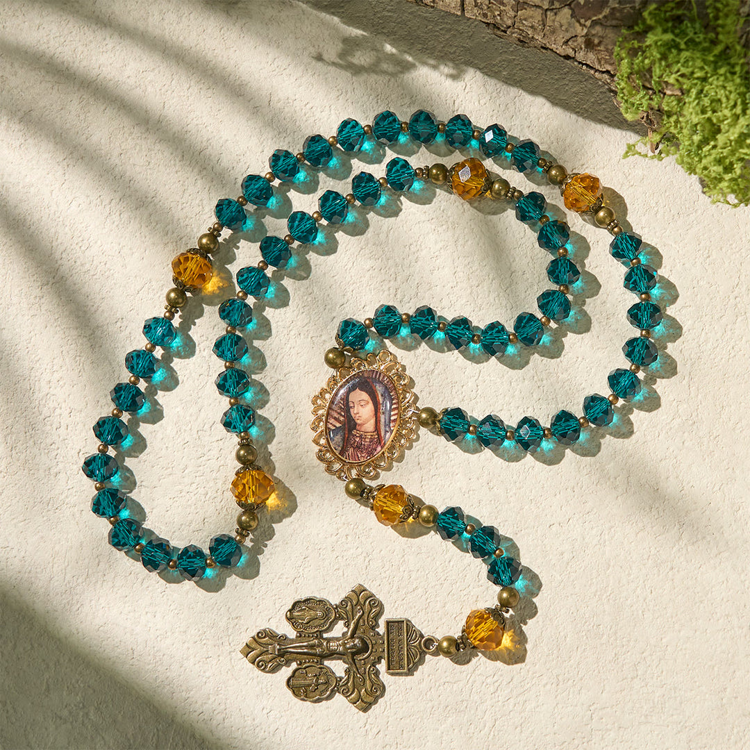 Christianartworkshop Thanksgiving Day: Shining Blue and Amber Rosary with Our Lady Medal and Antique Pardon Crucifix - image 6