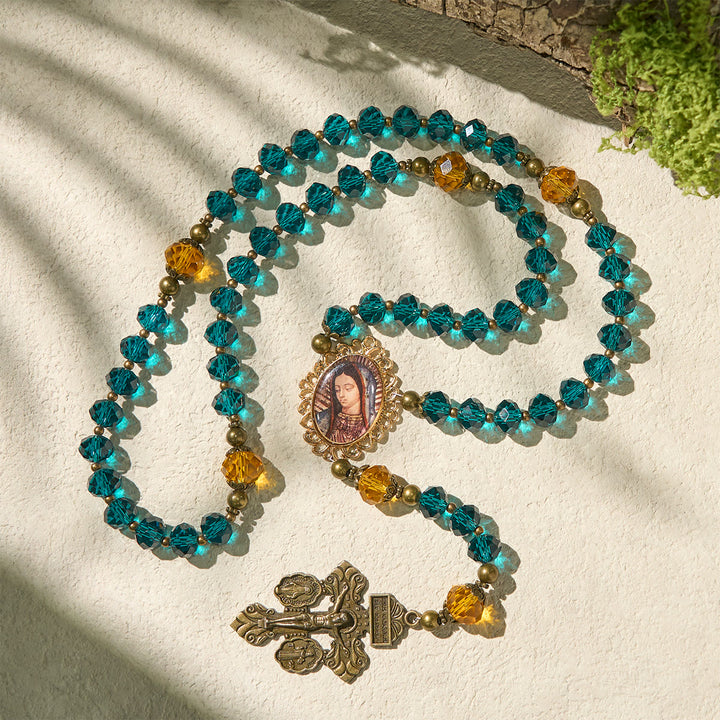 Christianartworkshop Thanksgiving Day: Shining Blue and Amber Rosary with Our Lady Medal and Antique Pardon Crucifix - image 6