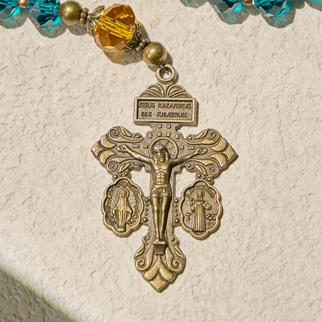 Christianartworkshop Thanksgiving Day: Shining Blue and Amber Rosary with Our Lady Medal and Antique Pardon Crucifix - image 7