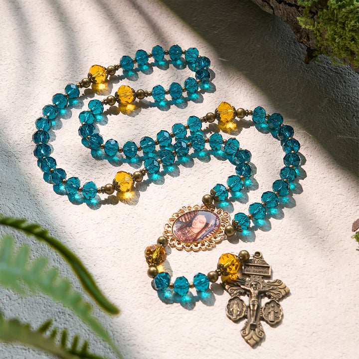 Christianartworkshop Thanksgiving Day: Shining Blue and Amber Rosary with Our Lady Medal and Antique Pardon Crucifix - image 2