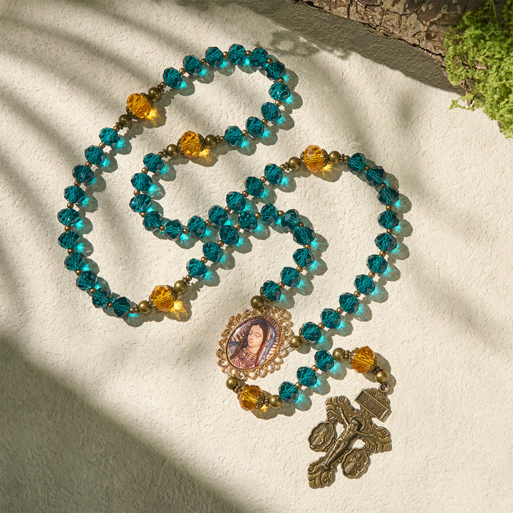 Christianartworkshop Thanksgiving Day: Shining Blue and Amber Rosary with Our Lady Medal and Antique Pardon Crucifix - image 4
