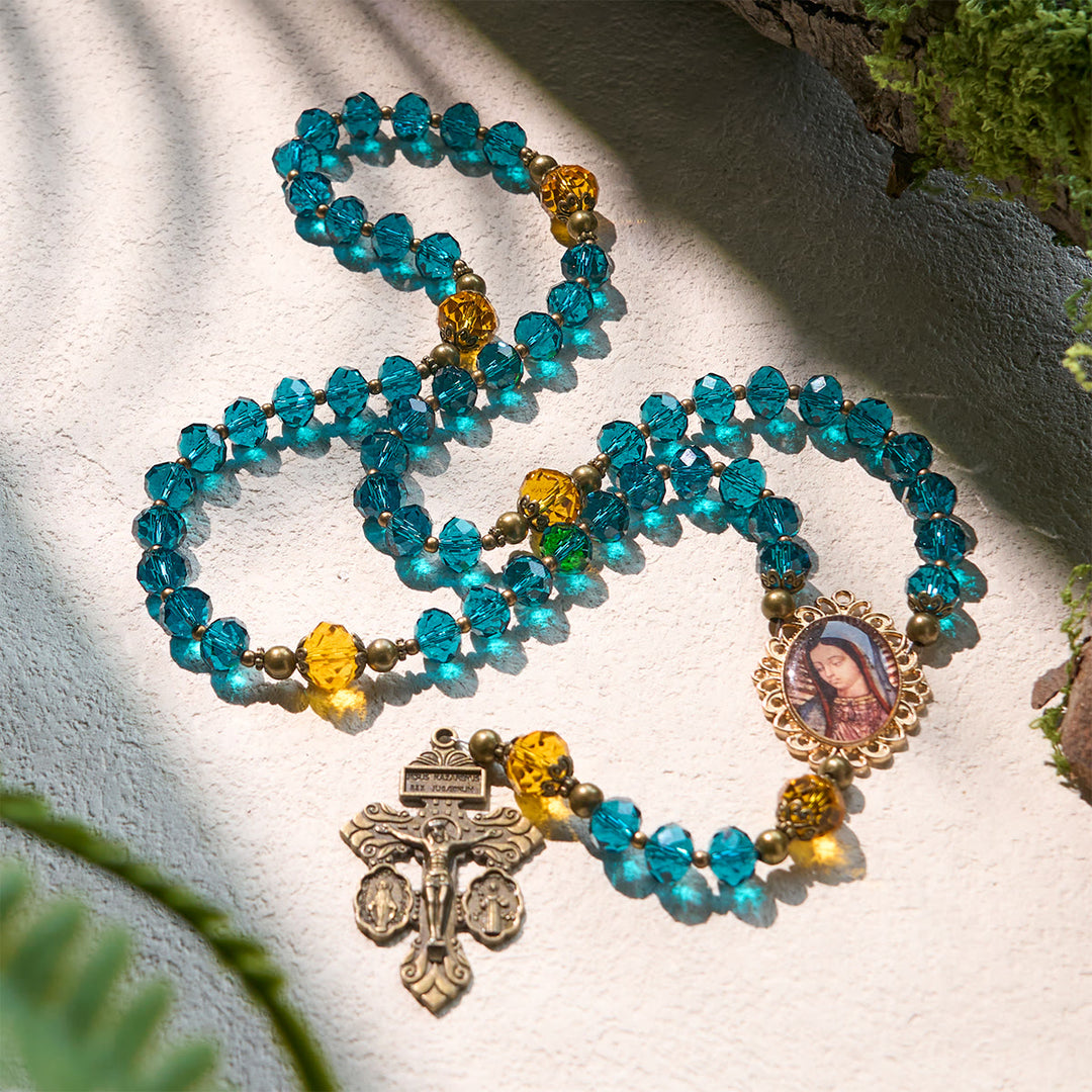 Christianartworkshop Shining Blue and Amber Rosary with Our Lady Medal and Antique Pardon Crucifix - image 4