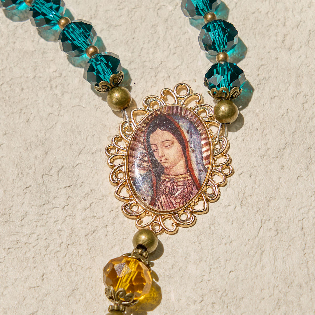 Christianartworkshop Thanksgiving Day: Shining Blue and Amber Rosary with Our Lady Medal and Antique Pardon Crucifix - image 8