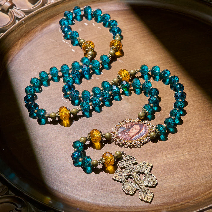 Christianartworkshop Thanksgiving Day: Shining Blue and Amber Rosary with Our Lady Medal and Antique Pardon Crucifix - image 3