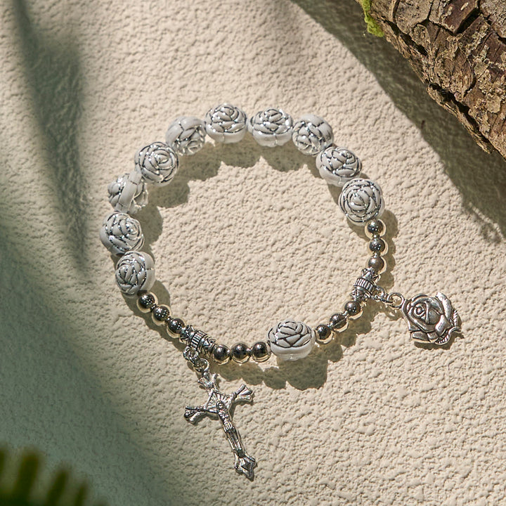 Christianartworkshop Delicate White Rose Devotional Beads Rosary and Bracelets with Virgin Mary - image 12