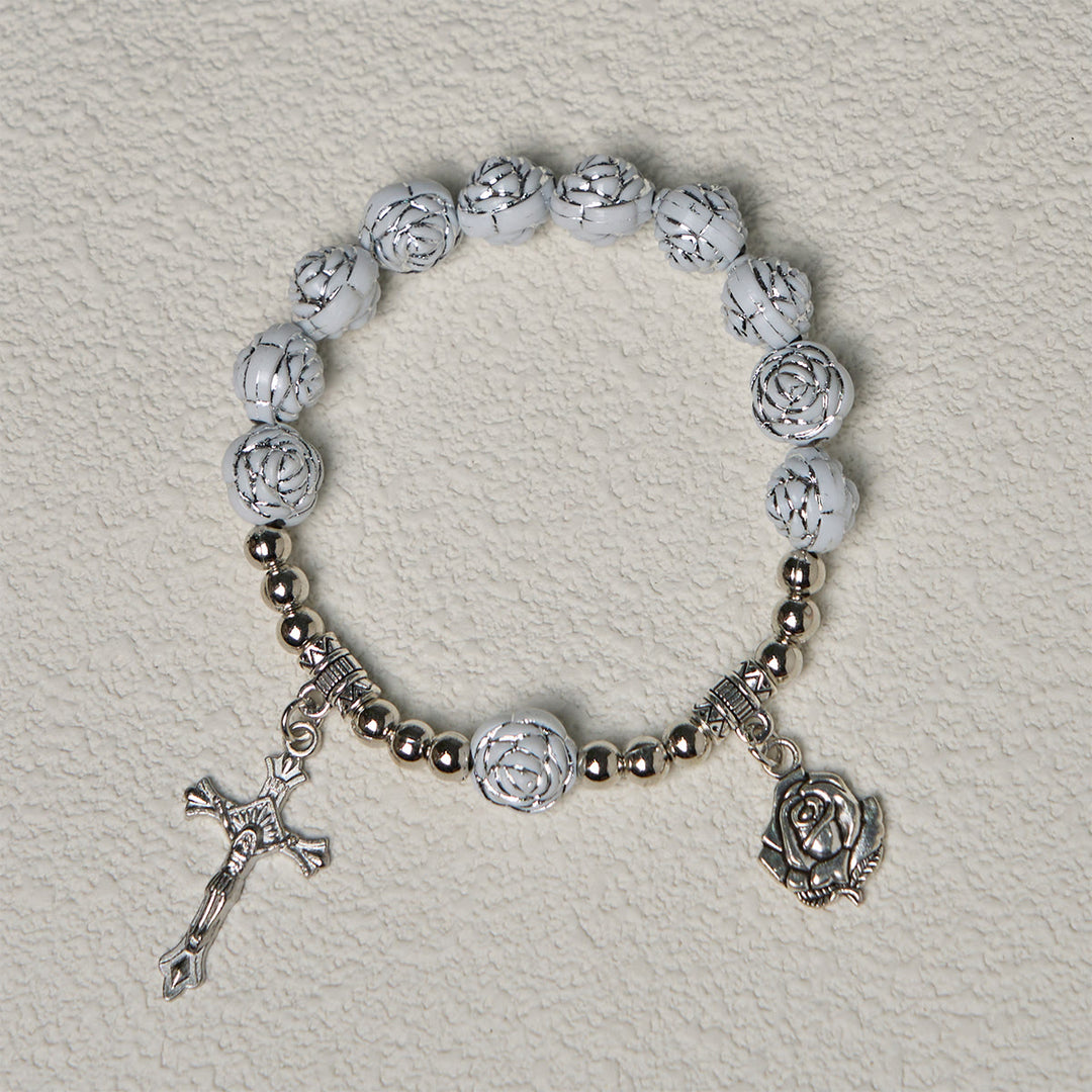 Christianartworkshop Delicate White Rose Devotional Beads Rosary and Bracelets with Virgin Mary - image 14