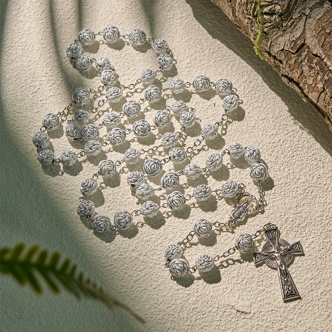 Christianartworkshop Delicate White Rose Devotional Beads Rosary and Bracelets with Virgin Mary - Rosary - image 0