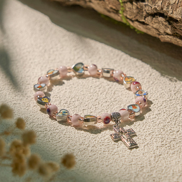 Christianartworkshop Colorful Glass & Ceramic Bead Bracelets with Cross and Saints Heart Charms - Pink - image 5