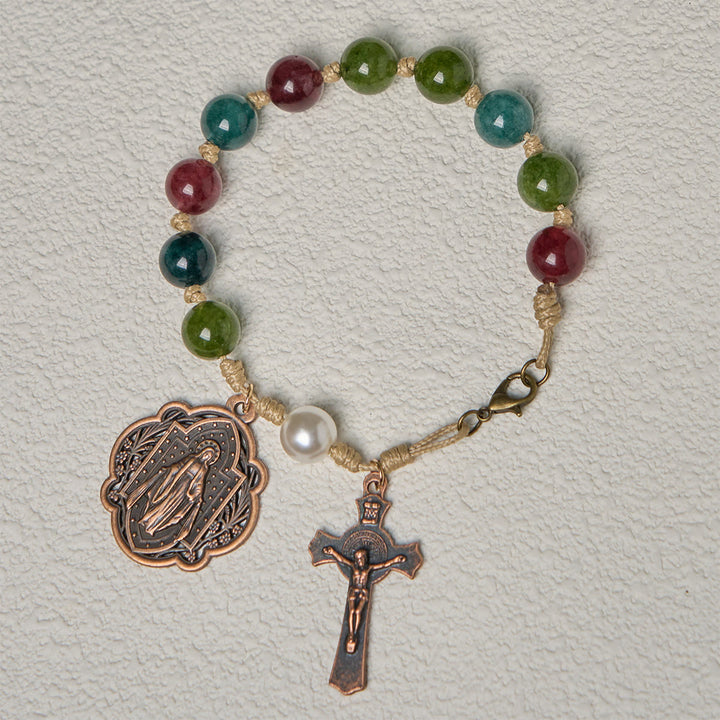 Christianartworkshop 10mm Natural Tourmaline Agate Bracelets with Miraculous Medal & Crucifix - image 4
