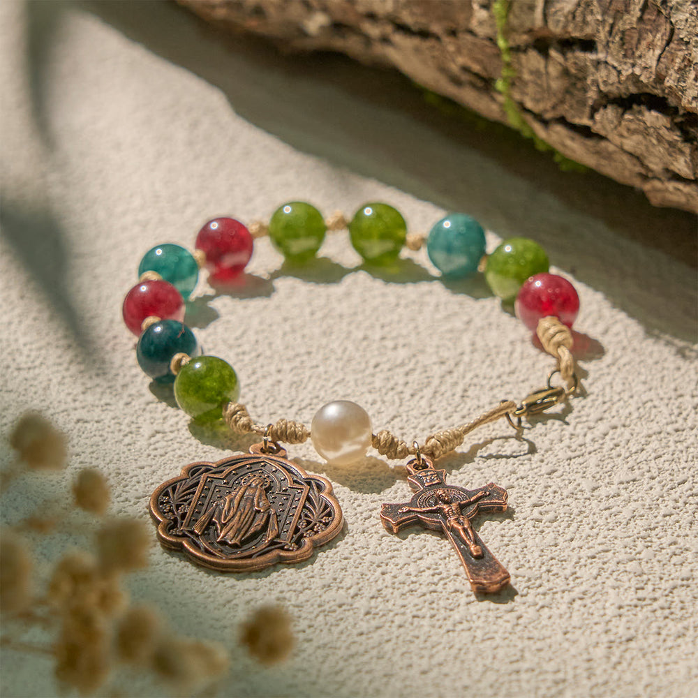 Christianartworkshop 10mm Natural Tourmaline Agate Bracelets with Miraculous Medal & Crucifix - image 1