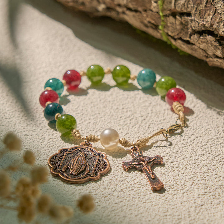Christianartworkshop 10mm Natural Tourmaline Agate Bracelets with Miraculous Medal & Crucifix - image 1