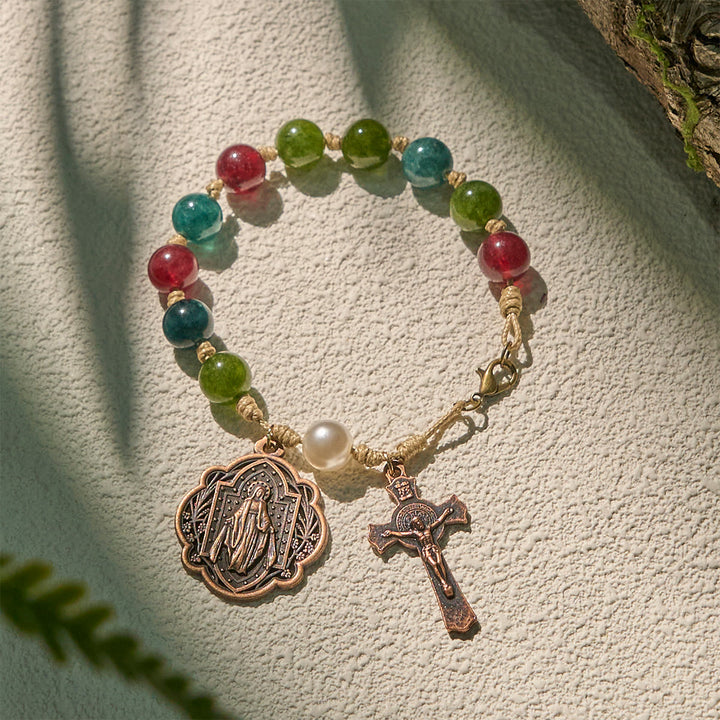 Christianartworkshop 10mm Natural Tourmaline Agate Bracelets with Miraculous Medal & Crucifix - Tourmaline Agate - image 0
