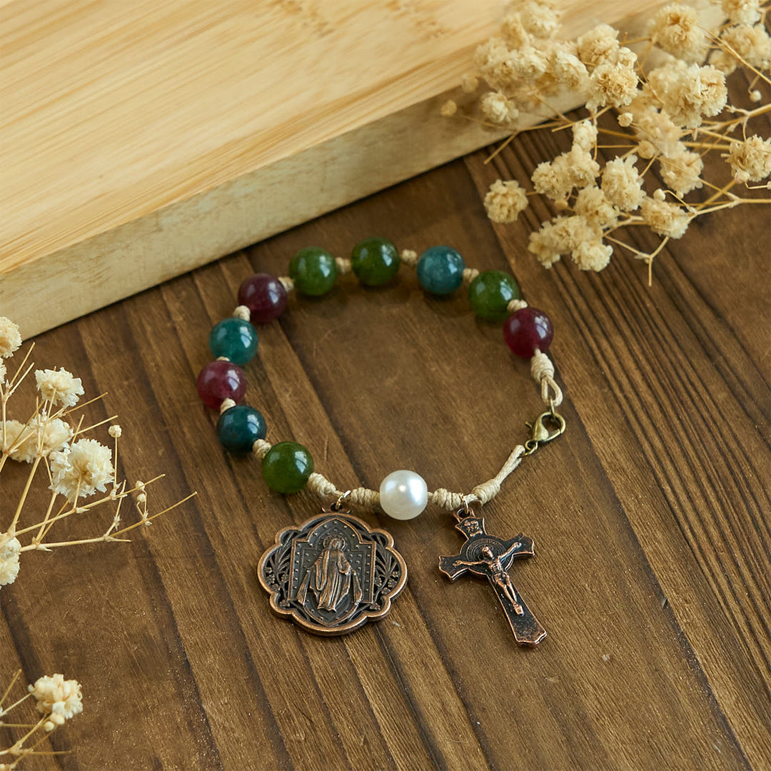 Christianartworkshop 10mm Natural Tourmaline Agate Bracelets with Miraculous Medal & Crucifix - image 3
