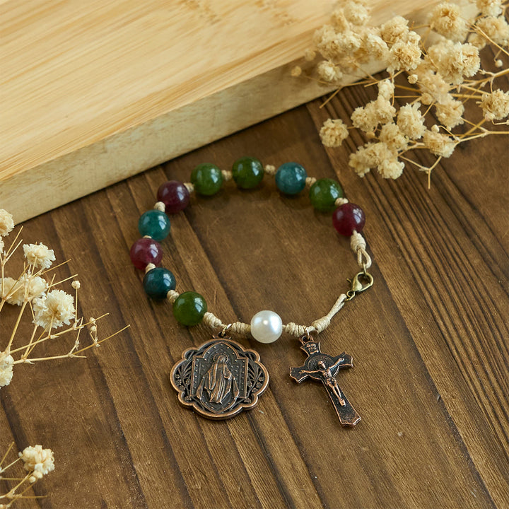 Christianartworkshop 10mm Natural Tourmaline Agate Bracelets with Miraculous Medal & Crucifix - image 3