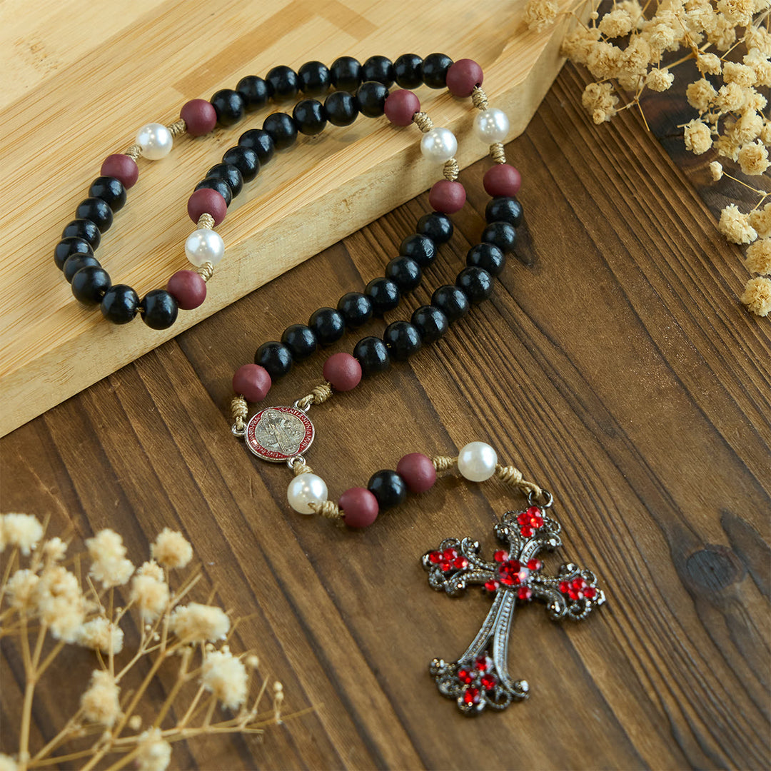 Christianartworkshop Devotional Black and Red Rosary with St. Benedict Blessing and Red Ornate Cross - image 1