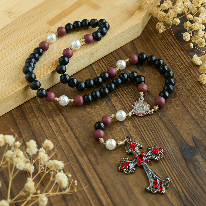 Christianartworkshop Devotional Black and Red Rosary with St. Benedict Blessing and Red Ornate Cross - St. Benedict & Cross - image 0