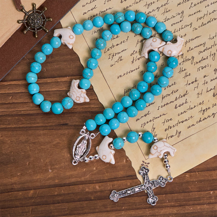 Christianartworkshop Blessed Dolphin Rosary with Turquoise Bead and Miraculous Medal: Ocean of Faith - image 4