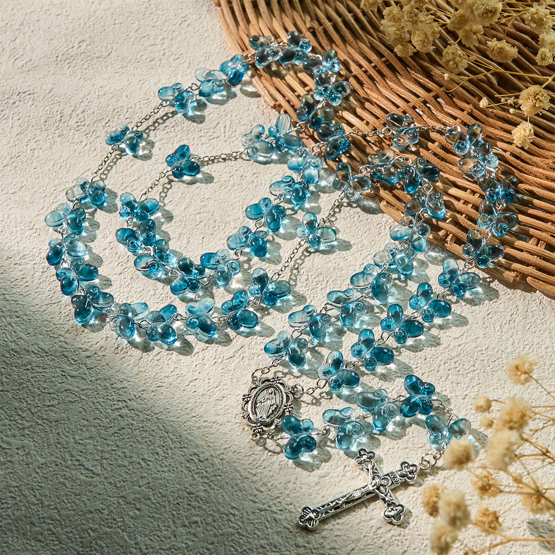 Christianartworkshop Wings of Devotion Shimmering Blue Butterfly Prayer Rosary with Miraculous Medal - Butterfly Rosary - image 0
