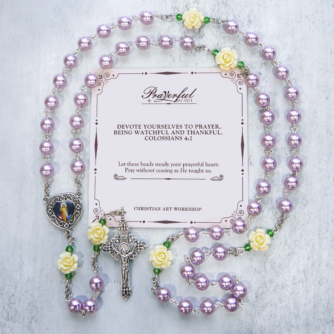 Christianartworkshop PRAYERFUL FAITH: Handmade Purple Pearl & Flower Divine Mercy Rosary with Gift Card - PRAYERFUL FAITH - image 0