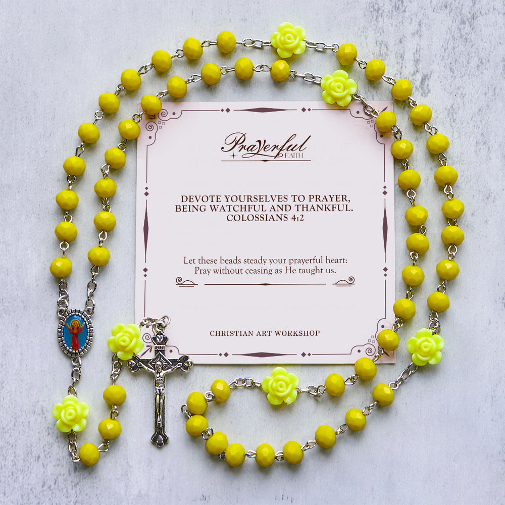 Christianartworkshop PRAYERFUL FAITH: Floral Rose Beads Multicolor Polyhedral Rosary with Gift Card - Yellow - image 1