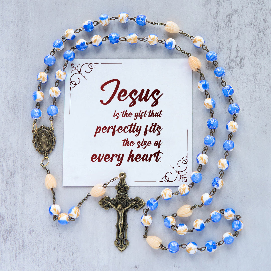 Christianartworkshop Jesus Is The Gift: Handmade Floral Rosary with Blue Rose Beads & Lily of Valley - Jesus is the Gift - image 0