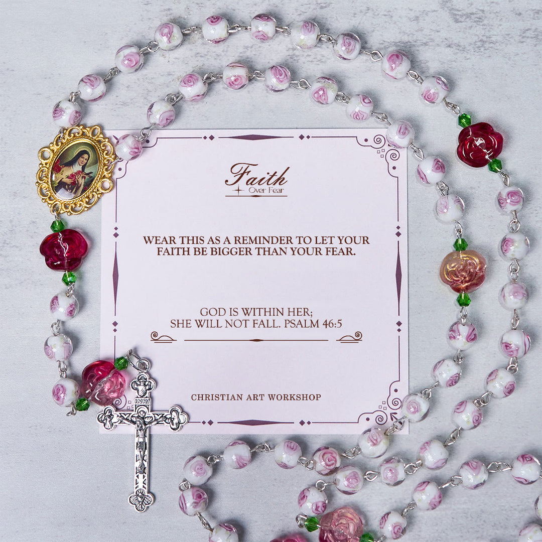 Christianartworkshop PRAYERFUL FAITH: Handmade Rose & Ivory Floral Elegance Rosary with Gift Card - FAITH OVER FEAR - image 3