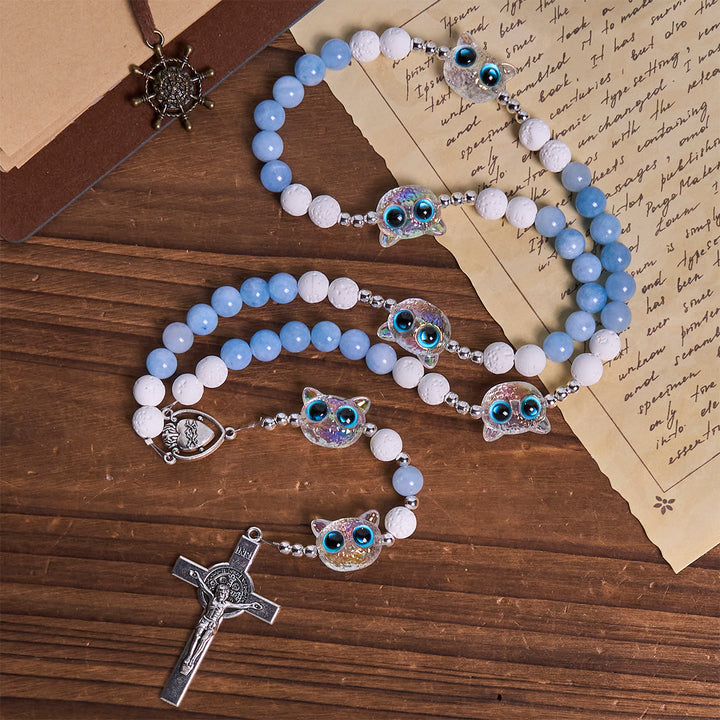 Christianartworkshop Glass Cat Blessing with Aquamarine & White Lava Stone Memorial Animal Rosary - image 4