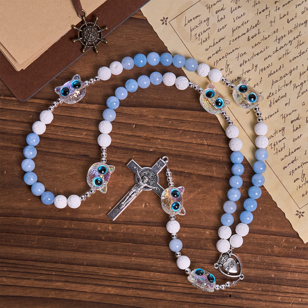 Christianartworkshop Glass Cat Blessing with Aquamarine & White Lava Stone Memorial Animal Rosary - image 5