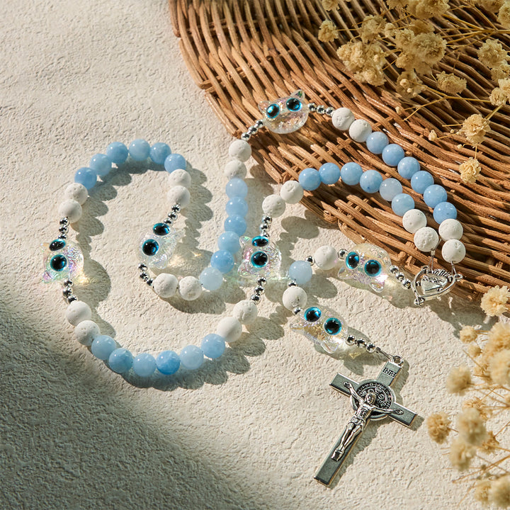 Christianartworkshop Glass Cat Blessing with Aquamarine & White Lava Stone Memorial Animal Rosary - image 1