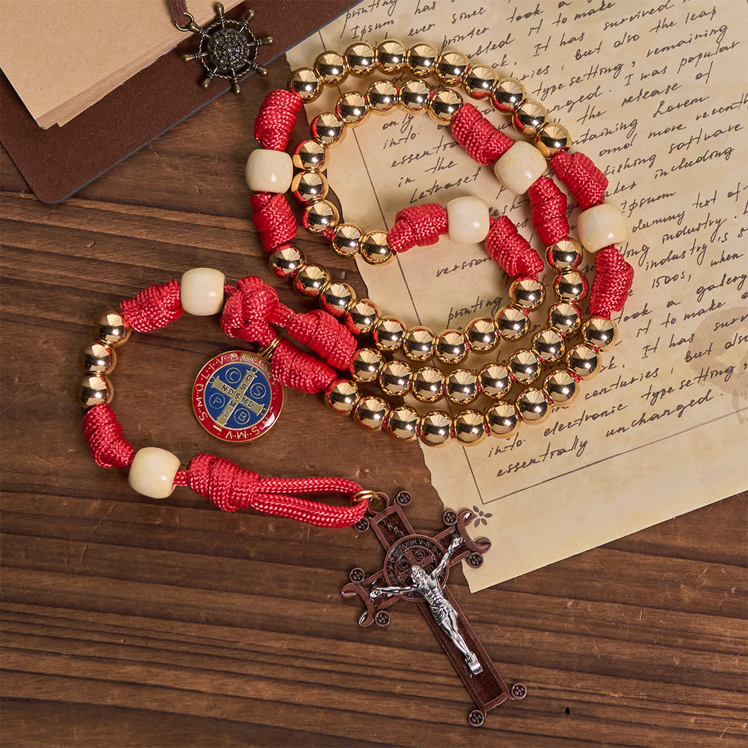 Christianartworkshop Golden Glory Beads Red Paracord Rosary with St. Benedict  - St. Benedict & Crucifix - image 0