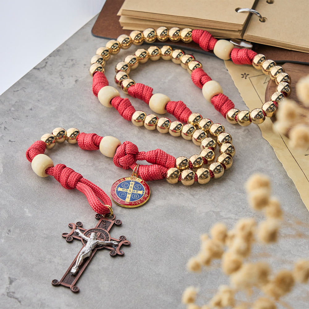 Christianartworkshop Golden Glory Beads Red Paracord Rosary with St. Benedict  - image 1