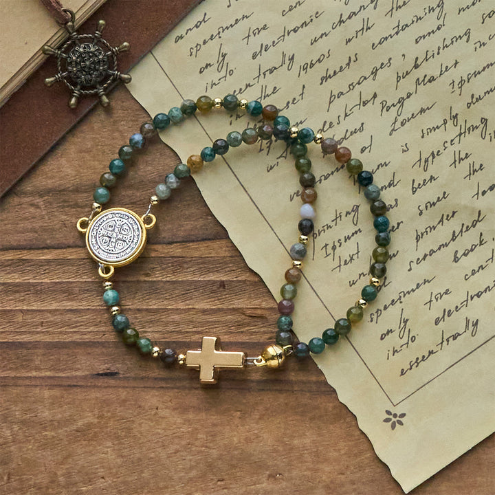 Christianartworkshop Handmade Earth Tone Rosary Bracelets with Cross & St. Benedict Charm - St. Benedict & Cross - image 0