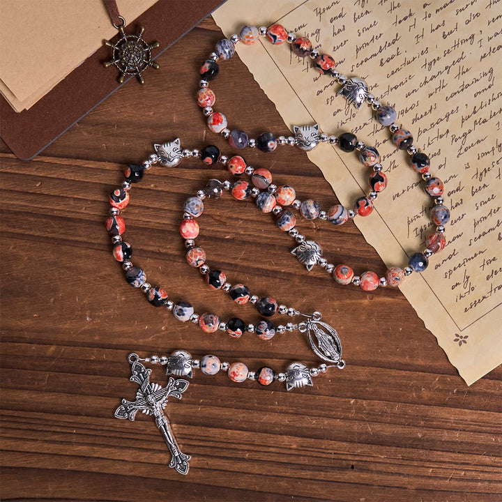 Christianartworkshop Unique Memorial Marbling Agate Beads with Calico Cat Pray Bracelet, Animal Rosary - image 7