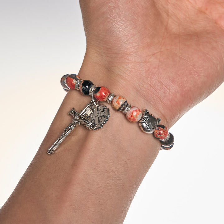 Christianartworkshop Marbling Agate Calico Cat to Pray with St. Benedict Pet Memorial Animal Bracelet - image 1