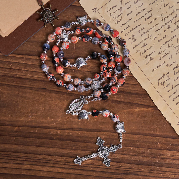 Christianartworkshop Unique Memorial Marbling Agate Beads with Calico Cat Pray Bracelet, Animal Rosary - image 6
