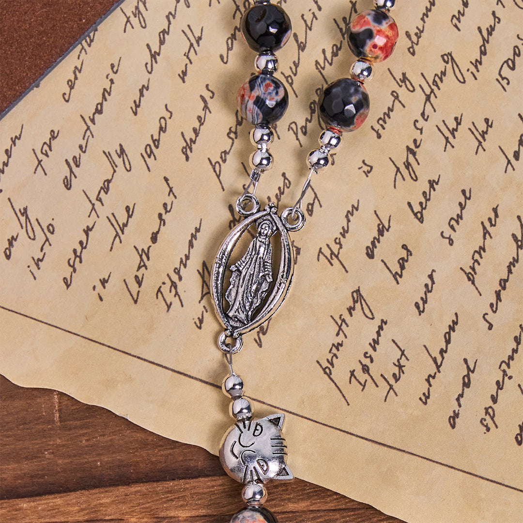 Christianartworkshop Unique Memorial Marbling Agate Beads with Calico Cat Pray Bracelet, Animal Rosary - image 9